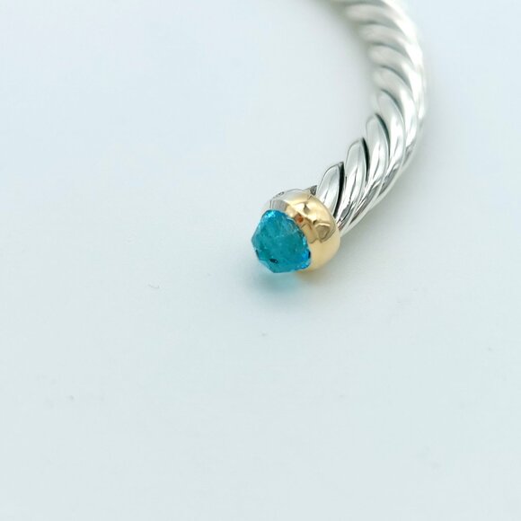 David Yurman Sterling Silver & 14k Gold 4mm Flex Blue Topaz Cable Bracelet 7inch - Picture 5 of 8